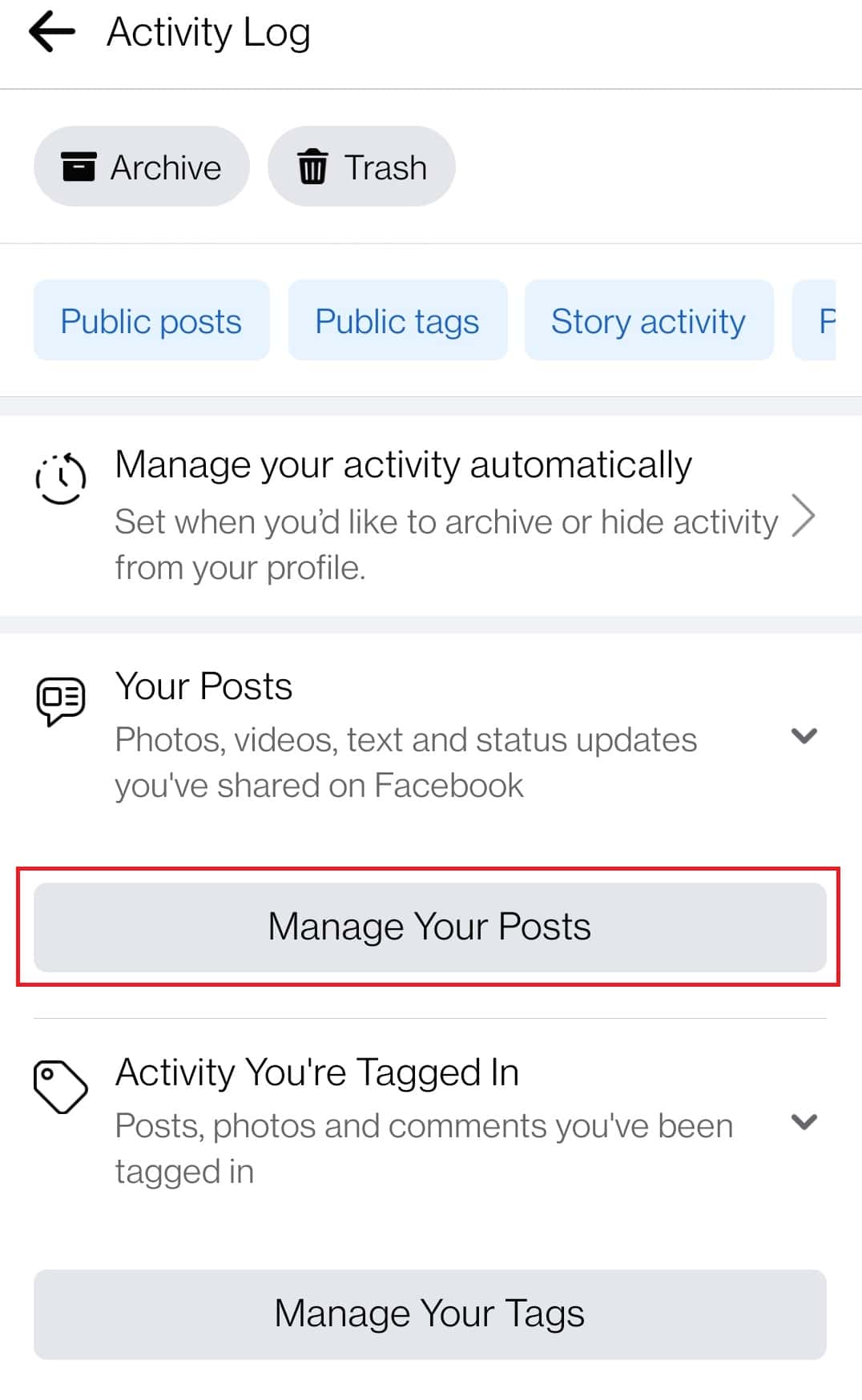 Tocca Gestisci i tuoi post | Come posso eliminare tutto il registro delle attività su Facebook