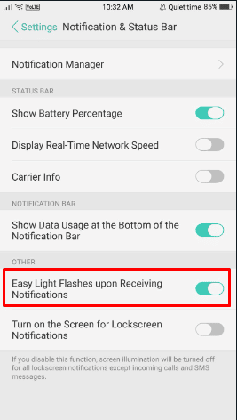 Attiva / disattiva l'opzione Lampeggia facilmente alla ricezione delle notifiche per accendere le luci a LED per la notifica.